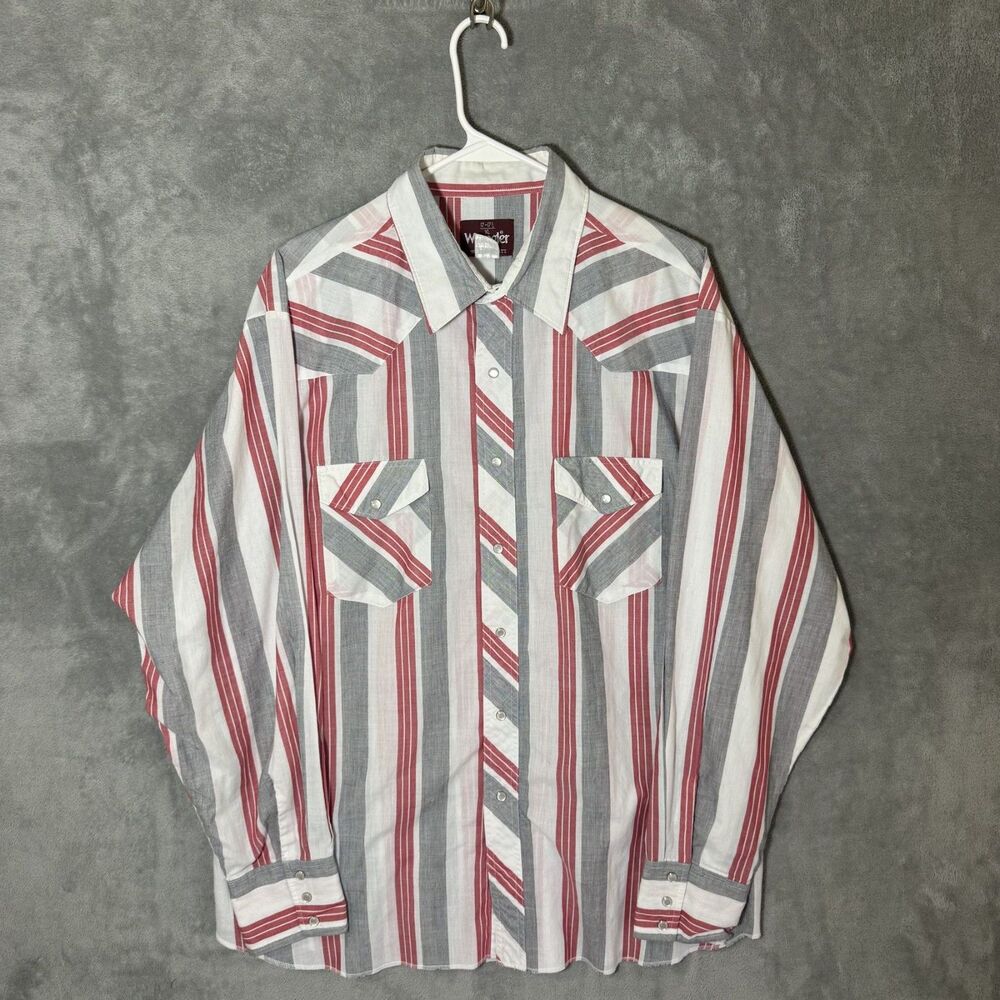Vintage Wrangler Western Shirt XL Red Gray White Striped Long Sleeve Pearl Snap